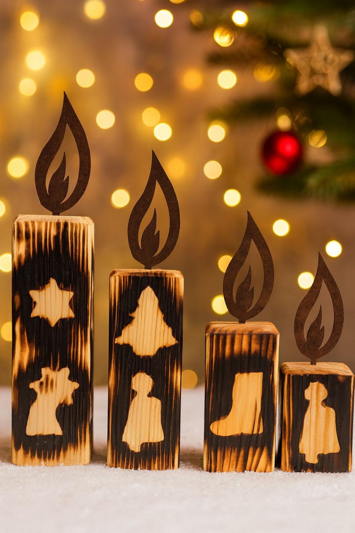 Weihnachtsdeko Holzkerze mit Metallflamme 1