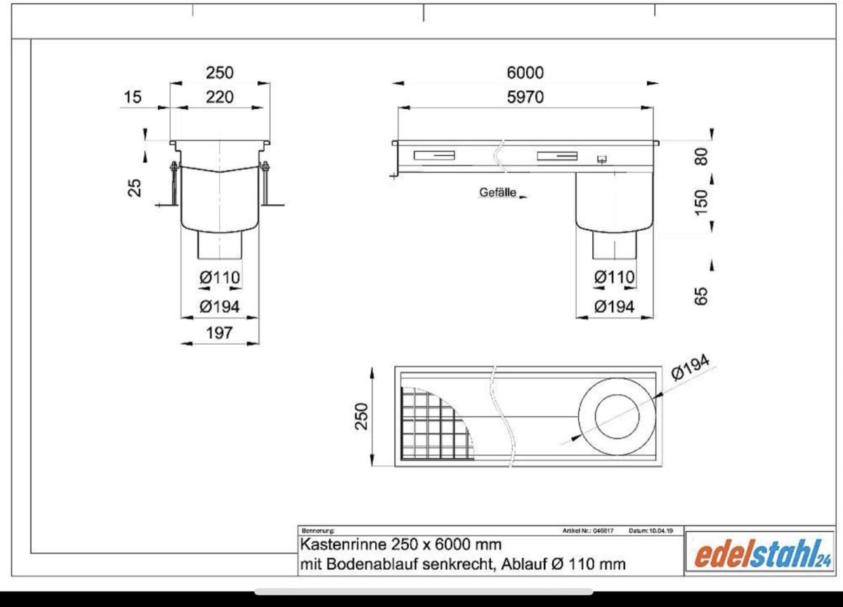 Kastenrinne BIG 250 x 6.000 mm aus Edelstahl 1