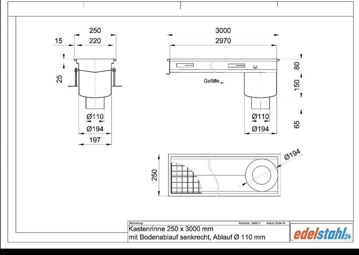 Kastenrinne BIG 250 x 3.000 mm aus Edelstahl 1