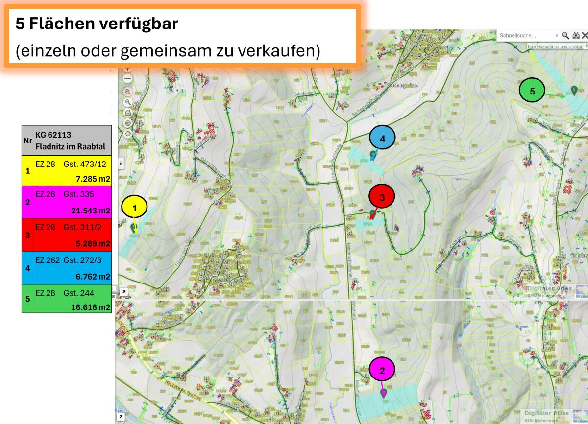 Wald: 5 Flächen zwischen 0,5 und 21,5 ha, Bezirk Südoststeiermark 1