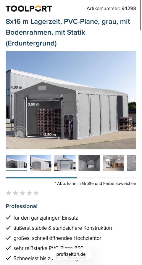 Zelt Lagerzelt Lagerhalle Zelthalle 16x8m (2x 8x8m) Statik