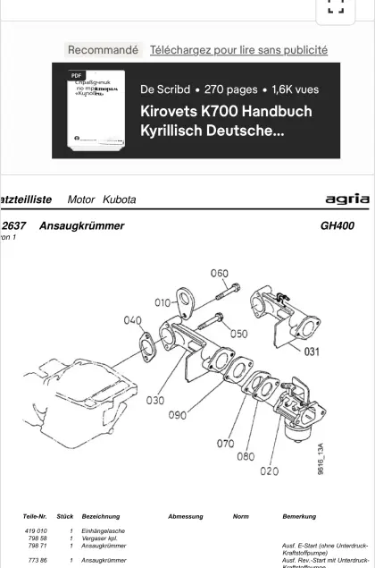 Admission moteur Kubota gh400