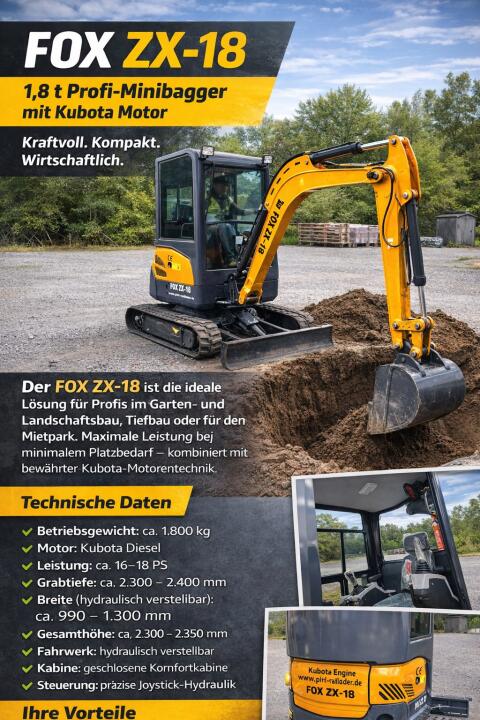 1,8-t Minibagger ZX-18 Kubota Motor