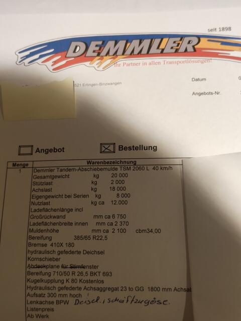 A. Demmler Tandem-Abschiebemulde TSM 2060 L 40 km/h Abschiebe