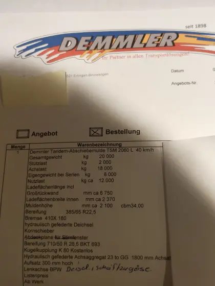 A. Demmler Tandem-Abschiebemulde TSM 2060 L 40 km/h Abschiebe