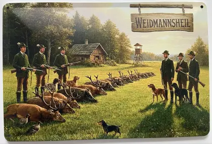 Blechschild 30x20cm Weidmannsheil Jäger bei der Jagd
