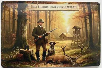 Blechschild 30 x 20 cm Jäger mit seinem Hund bei der Jagd