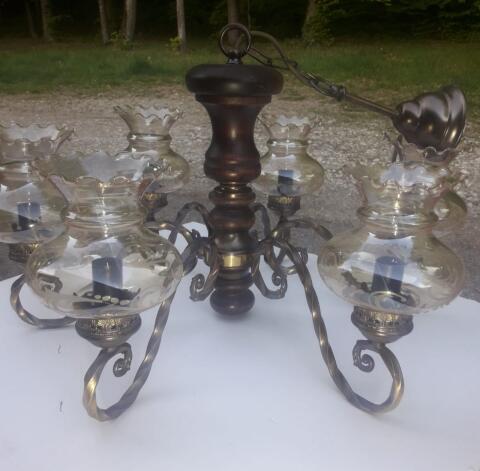 Antiker Glas-Kronleuchter Messing 6-flammig