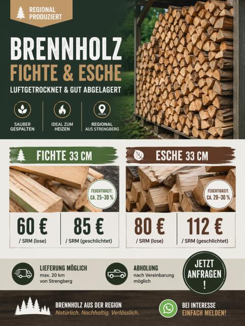 Brennholz Fichte, Esche, luftgetrocknet, regional