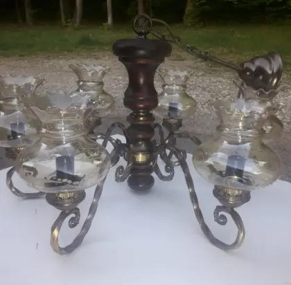 Antiker Glas-Kronleuchter Messing 6-flammig