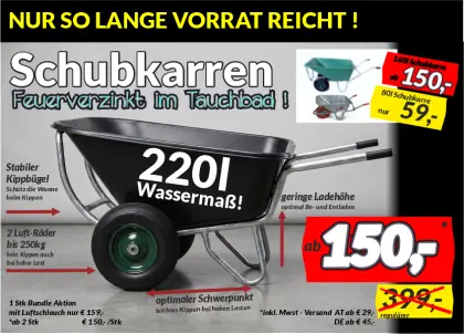 220 l Schubkarre, 2 Lufträder, Gestell verstärkt, feuerverzinkt