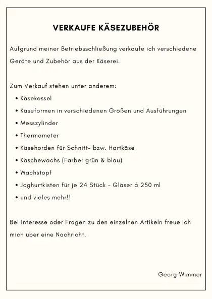 Käsezubehör, Verkauf wegen Betriebsauflösung