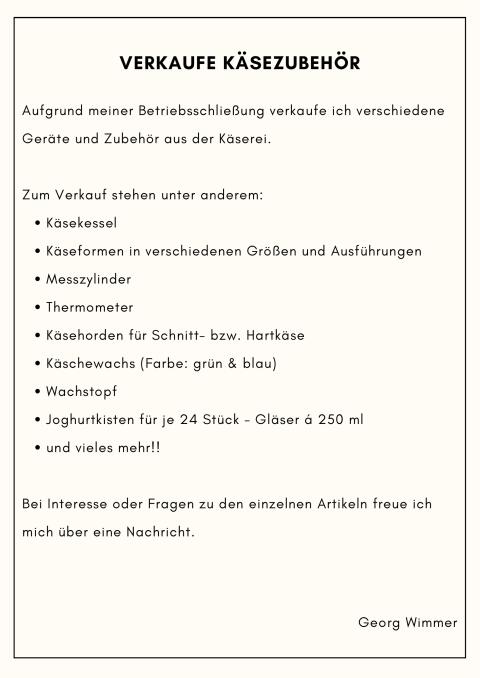 Käsezubehör, Verkauf wegen Betriebsauflösung
