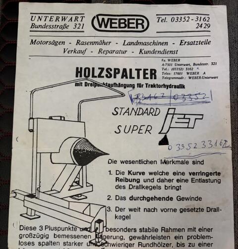 Weber Super Jet Kegelspalter, Holzspalter mit Dreipunkt