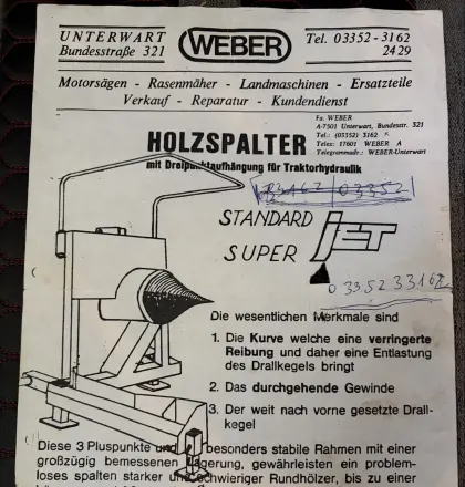 Weber Super Jet Kegelspalter, Holzspalter mit Dreipunkt