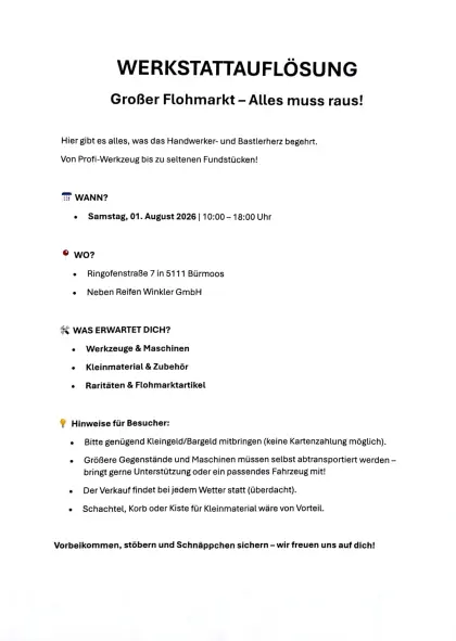 Große Werkstattauflösung, Nachlass-Flohmarkt 5.111 Bürmoos