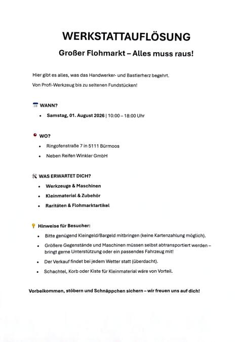 Große Werkstattauflösung, Nachlass-Flohmarkt 5.111 Bürmoos