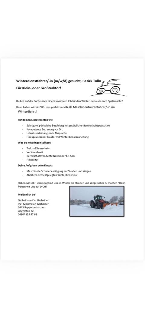 Winterdienstfahrer gesucht, Bezirk Tulln