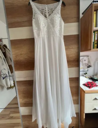 Hochzeitskleid, Maturaballkleid, weiß mit Spitze und durchsichtig