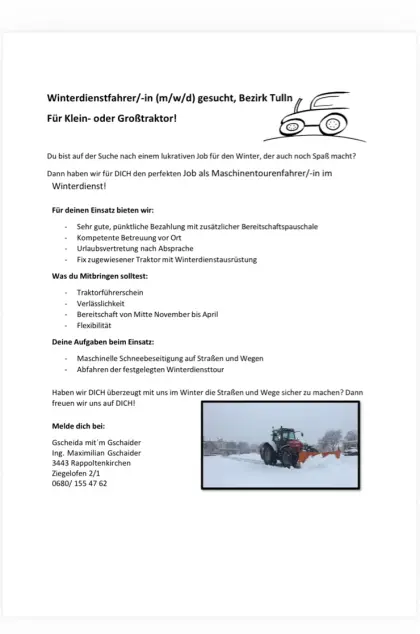 Winterdienstfahrer gesucht, Bezirk Tulln