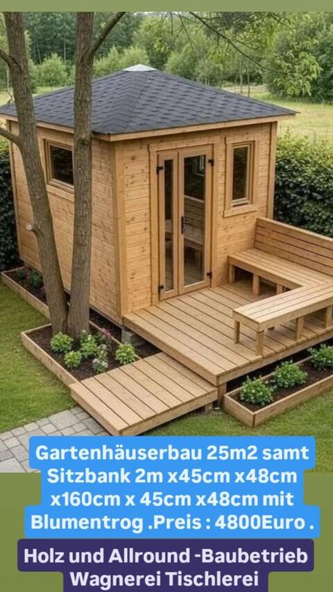 Gartenhaus mit Blumentrog, Sitzbank