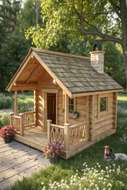 Holzhäuser mit Kamin, Carport, Krippen
