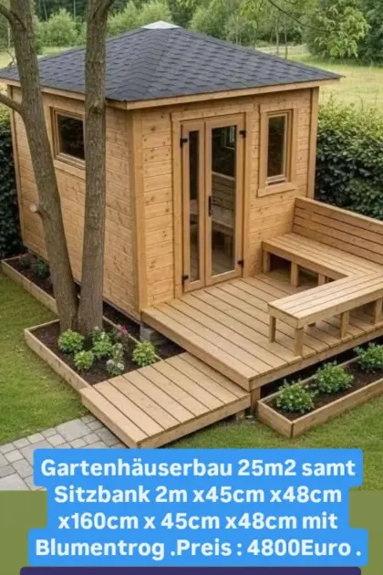 Gartenhaus mit Blumentrog, Sitzbank