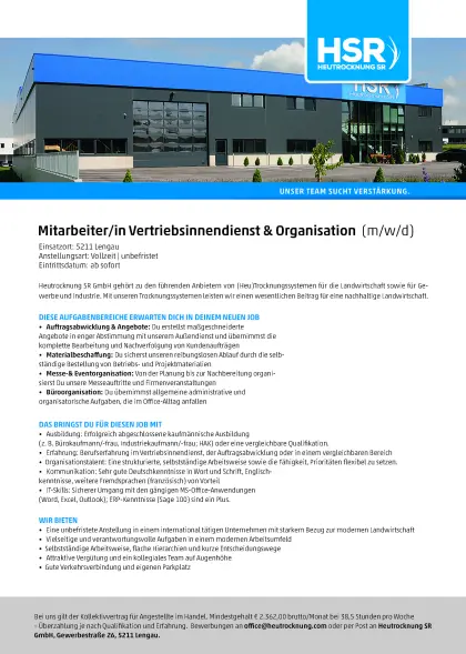 Mitarbeiter/in Vertriebsinnendienst, Organisation (m/w/d)