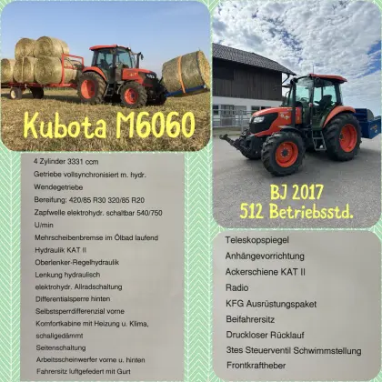 Kubota M6060, Ballengabel, Hochkippschaufel, Joskin Mulcher