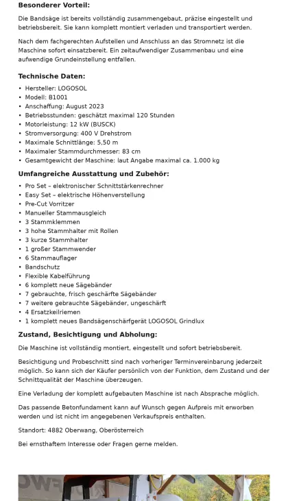 Bandsägewerk LOGOSOL B1001, 12 kW, Pro Set