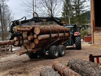 Bild 3:Holztransport mit Traktor und Rückewagen, Steyr Kompakt