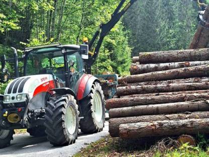 Holztransport mit Traktor und Rückewagen, Steyr Kompakt