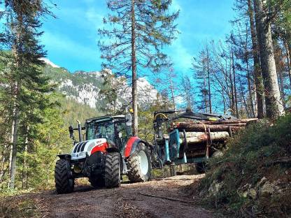 Bild 4:Holztransport mit Traktor und Rückewagen, Steyr Kompakt