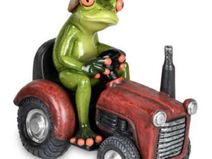 Frosch auf rotem Traktor 16 cm Kunststein handgemalt