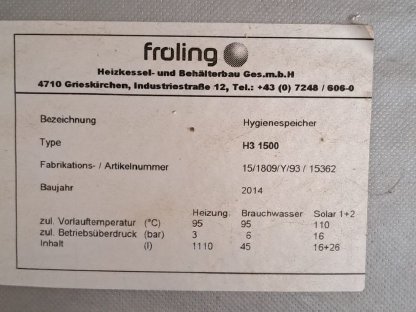 Bild 2:Fröling Pufferspeicher H3 1500, 1.100 l samt Isolierung