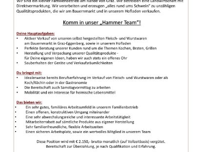 Mitarbeiter/-in Bereich Produktion und Verkauf (Bauernladen)