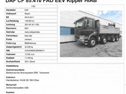 Bild 4:DAF Kipper HIAB CF.85.410 FAD EEV zu verkaufen