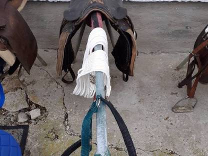 Pferdesattel mit Satteldecke und Zaumzeug