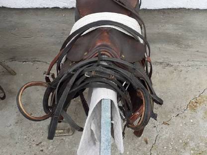 Bild 3:Pferdesattel mit Satteldecke und Zaumzeug